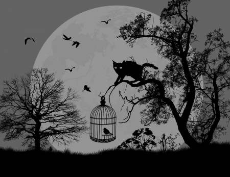 Cat  on a tree and bird in a cage on beautiful landscape, vector illustrationのイラスト素材