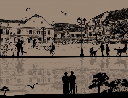 Vector design background with beautiful cityscape and people silhouette with reflection on waterのイラスト素材