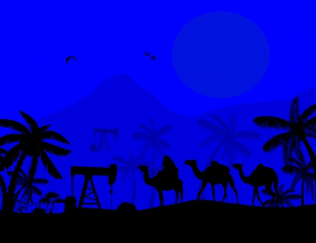 Oil Pump and camel caravan on blue sunset, vector illustrationのイラスト素材