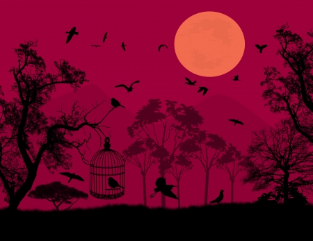 Bird in a cage on beautiful landscape, vector illustrationのイラスト素材