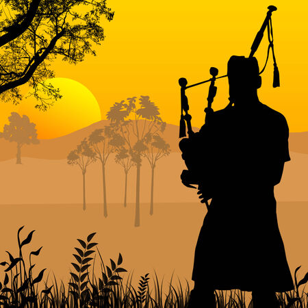 Bagpiper silhouette on beautiful sunset, vector illustrationのイラスト素材