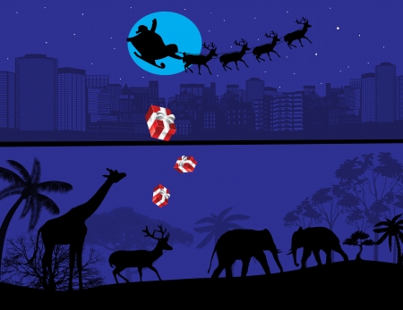 Santa Claus and his reindeer sleigh backlit by the full moon. のイラスト素材
