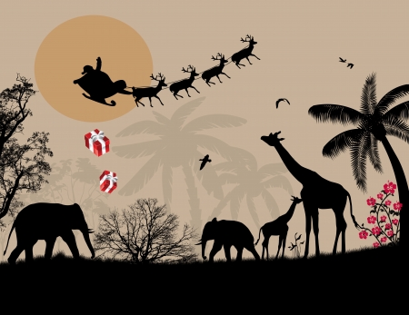 Santa Claus in Africa - silhouettes of wild animals and flying Santa on sunset, vector backgroundのイラスト素材