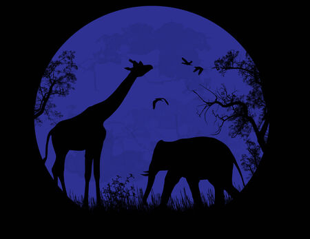 Wild elephant and giraffe  over blue sunset, vector illustrationのイラスト素材