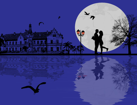 Lovers in the city at blue night, vector illustrationのイラスト素材