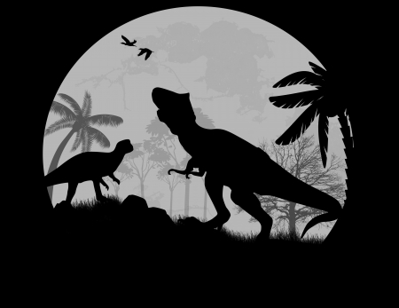 Dinosaurs Silhouettes - Tyrannosaurus T-Rex  in front a full moon, vector illustrationのイラスト素材