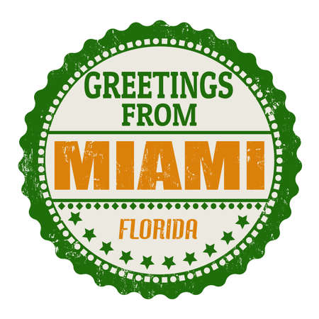 Label or rubber stamp with text Greetings from Miami, vector illustrationのイラスト素材