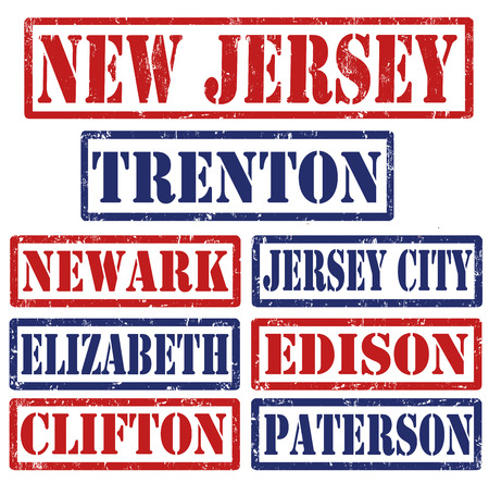 Set of New Jersey cities stamps on white background, vector illustrationのイラスト素材