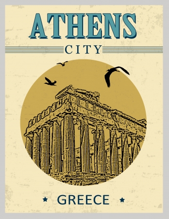 Parthenon from Athens in vitage style poster, vector illustrationのイラスト素材