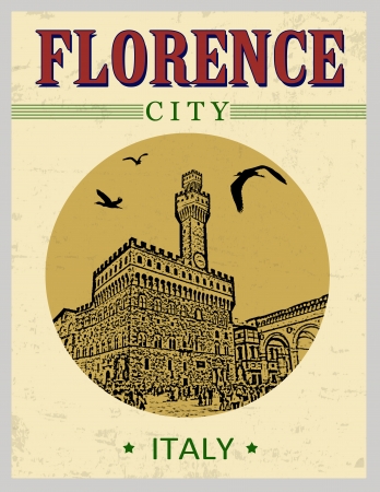 The Old Palace, from Florence,  Italy  in vintage style poster, vector illustrationのイラスト素材