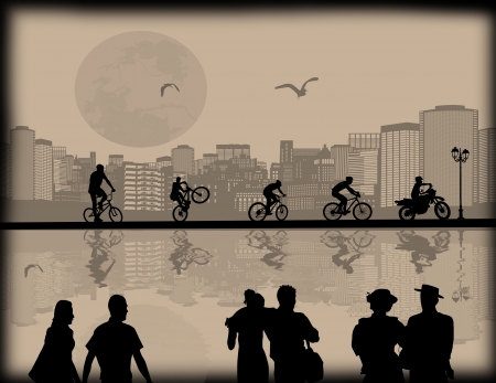 Vector design background with beautiful cityscape,bikers and couple silhouette with reflection on waterのイラスト素材