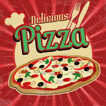 Delicious pizza poster in vintage style, vector illustrationのイラスト素材