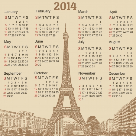 Scenery of Paris 2014 calendar on vintage background, vector illustrationのイラスト素材
