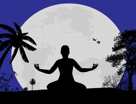 	Vector illustration of yoga meditation in lotus pose by woman silhouette at sunset landscape background, vector illustrationのイラスト素材