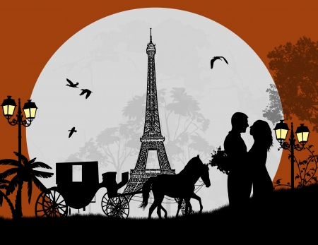 Carriage and lovers at night in Paris, romantic background, vector illustrationのイラスト素材