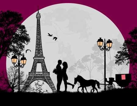 Carriage and lovers at night in Paris, romantic background, vector illustration