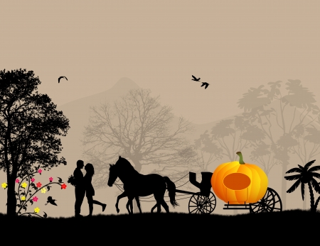 Pumpkin carriage and lovers at on beautiful landscape, vector illustrationのイラスト素材