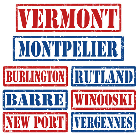 Set of Vermont cities stamps on white background, vector illustrationのイラスト素材