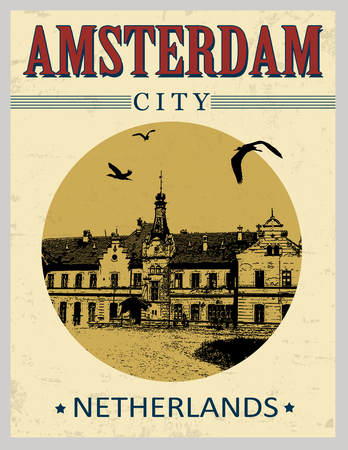 Amsterdam, Netherlands in vintage style poster, vector illustrationのイラスト素材