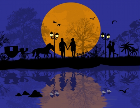 Carriage and lovers at night with reflection, romantic background, vector illustrationのイラスト素材