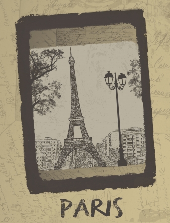 Paris - Vintage postcard design with Eiffel Tower on antique background, vector illustrationのイラスト素材