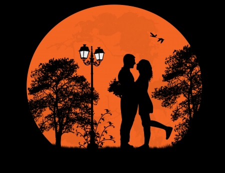 Lovers in the city park in front a full moon, vector illustrationのイラスト素材