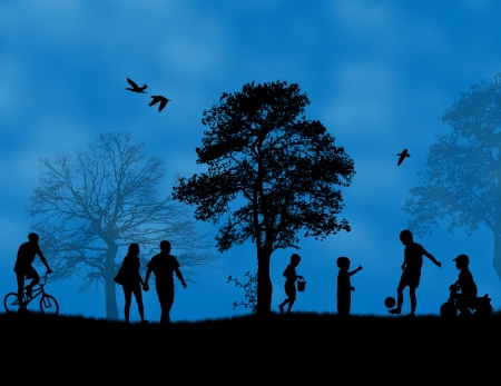 Children playing in a park on blue sunset, vector illustrationのイラスト素材
