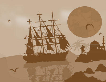 Large  tall ship on the high seas at dusk with lovers, vector illustrationのイラスト素材