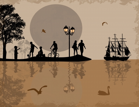 Sea sunset with boat, island and people silhouettes, vector illustrationのイラスト素材