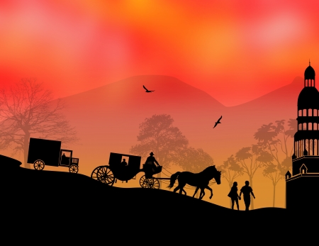 Carriage, car and lovers at sunset in beautiful landscape, vector illustrationのイラスト素材