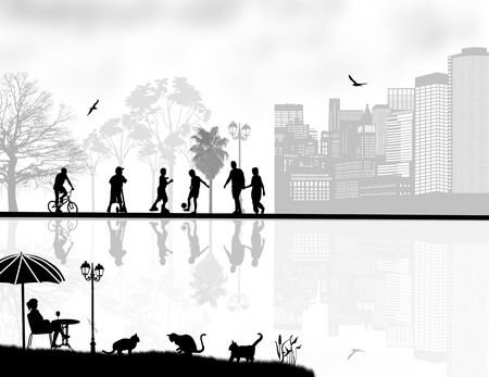 Design background with beautiful landscape and people silhouette with reflection on waterのイラスト素材