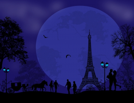 Lovers in Paris at blue beautiful night, vector illustrationのイラスト素材