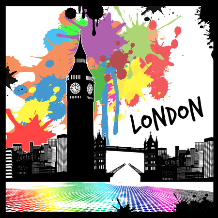 Vintage view of London on the grunge poster with colored splash, vector illustrationのイラスト素材