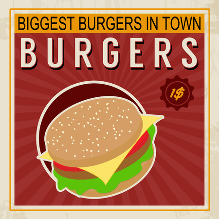 Biggest Burgers in Town vintage grunge poster, vector illustrationのイラスト素材