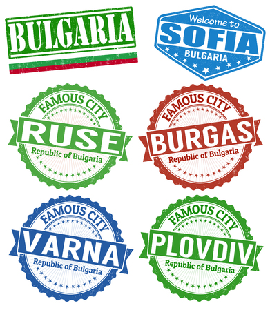 Set of grunge rubber stamps with names of Bulgaria cities, vector illustrationのイラスト素材
