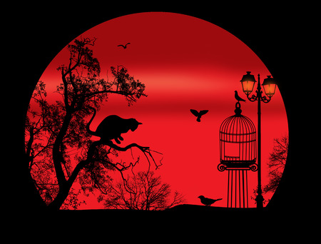Cat on a tree, birds and cage on beautiful landscape in front of full moon, vector illustrationのイラスト素材