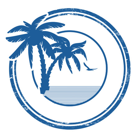 Tropical grunge rubber stamp with palm and space for your text on white, vector illustrationのイラスト素材