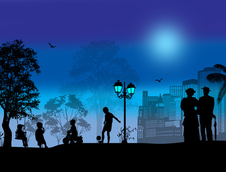 Vector design background with beautiful landscape and people silhouette on blue sunsetのイラスト素材