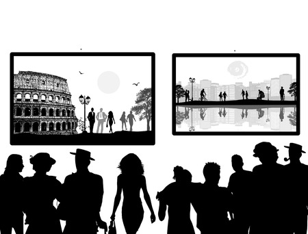 People silhouettes looking at the pictures at wall, vector illustrationのイラスト素材