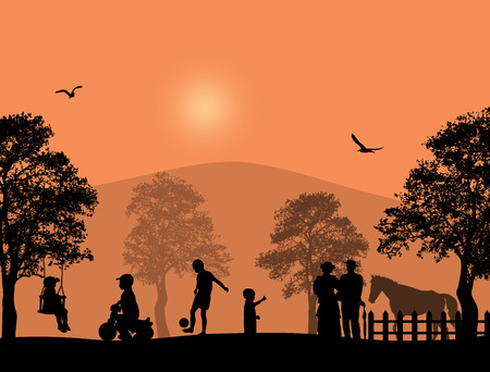 Children playing in a park on beautiful place, vector illustrationのイラスト素材