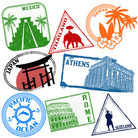 Set of stylized grunge travel stamps on white, vector illustrationのイラスト素材