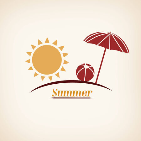 Summer in vitage style poster with sun, ball and umbrella shape, vector illustrationのイラスト素材