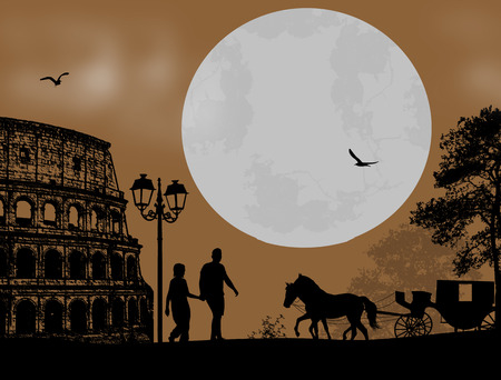Couple silhouette in front of Colosseum in Rome , vector illustrationのイラスト素材