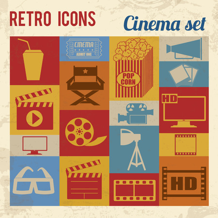 Cinema icons set. Retro signs with grunge effect, vector illustration のイラスト素材