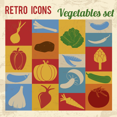 Vegetables icons set. Retro signs with grunge effect, vector illustration のイラスト素材