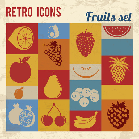 Fruits icons set. Retro signs with grunge effect, vector illustration のイラスト素材