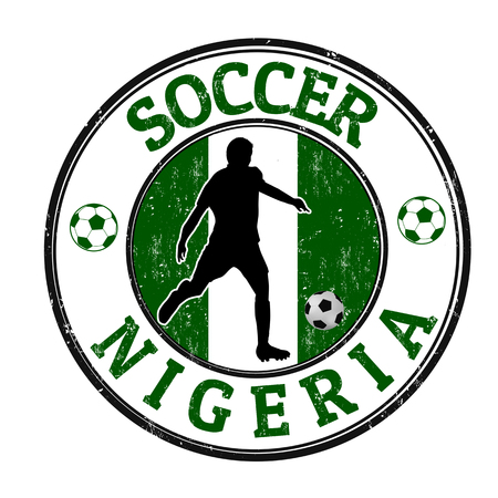 Grunge stamp with soccer player and name Nigeria written inside, vector illustrationのイラスト素材