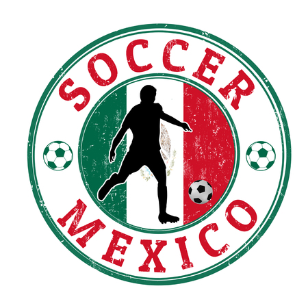 Grunge stamp with soccer player and name Mexico  written inside, vector illustrationのイラスト素材