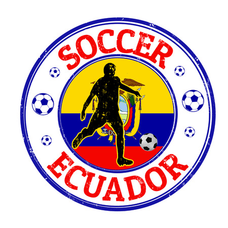 Grunge stamp with soccer player and name Ecuador written inside, vector illustrationのイラスト素材