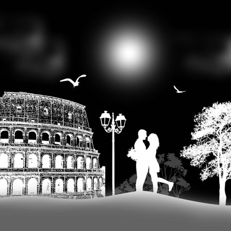 Couple silhouette in love in front of Colosseum in Rome , vector illustrationのイラスト素材